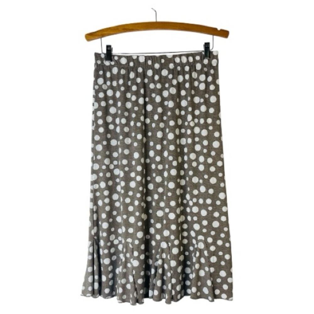 SJS brown white polka mod ruffle coastal preppy stretch midi skirt small